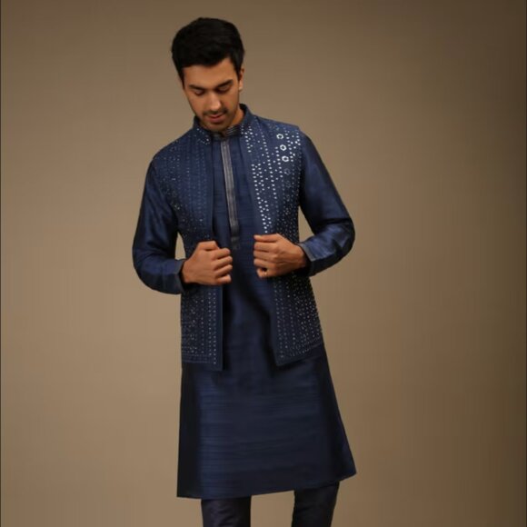 BRAND NEW Navy Blue Nehru Jacket And Kurta Set KALKI Size 38/M - Picture 1 of 6